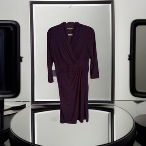 Jones Wear Purple Faux Wrap Dress – Ruched Waist, 3/4 Sleeve, Size 12